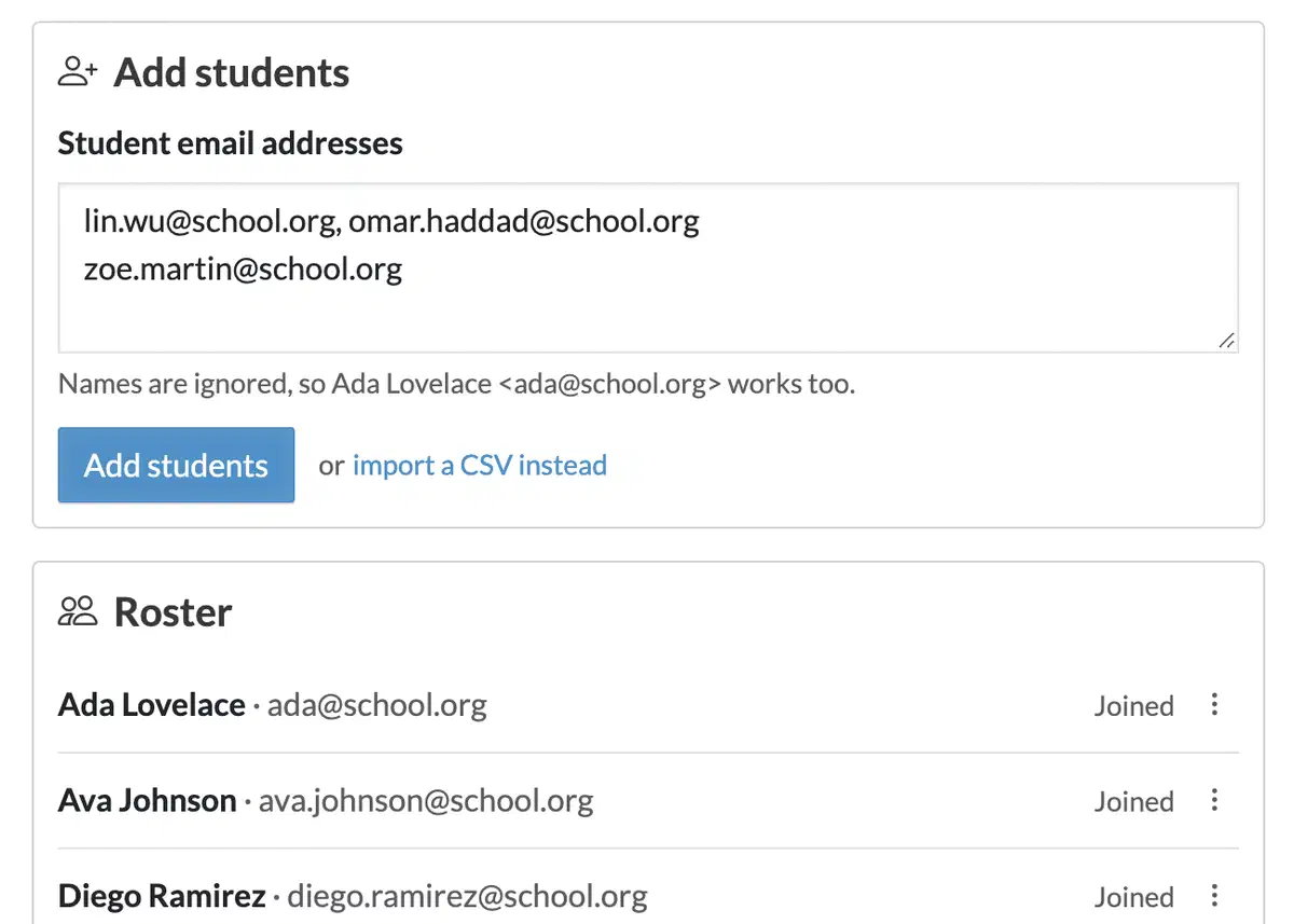 The Add students section of a class page, with student email addresses pasted in, an Add students button and a link to import a CSV instead, above the class roster.