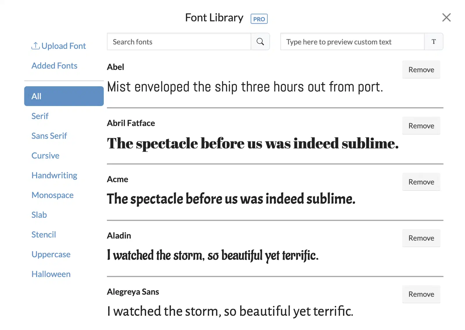 The Easel font library filtered by style, with a preview of each typeface