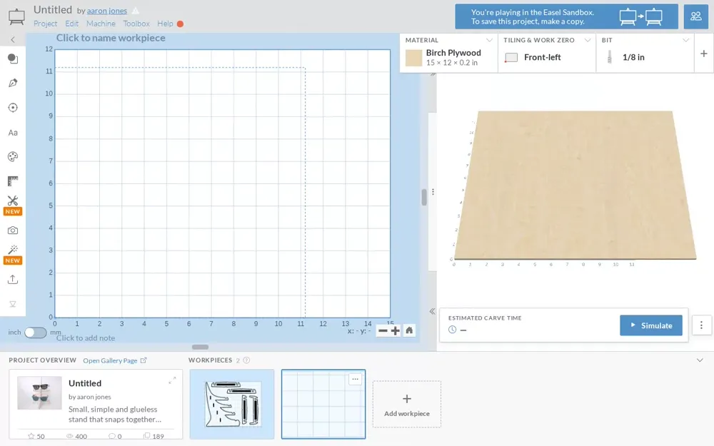 A real blank Easel workpiece gains a rectangular glasses rail outline and a long through slot beside the native 3D preview.