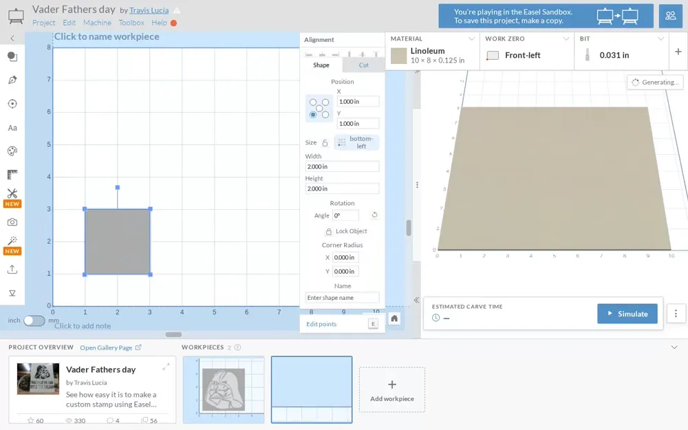 The real Easel editor gains a recessed square backing and two nested circles, leaving a raised ring visible in the native 3D preview.