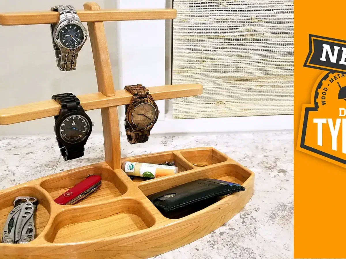 Finished walnut catch-all tray and upright rack holding watches and small everyday items